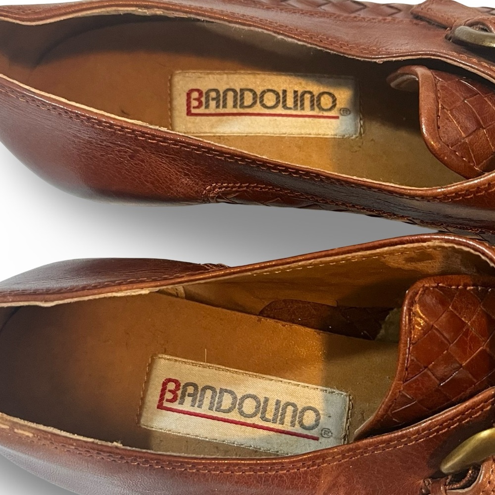 Vintage Bandolino Cognac Woven Leather Collegiate Buckle Loafer Size 8 Narrow - Picture 3 of 9